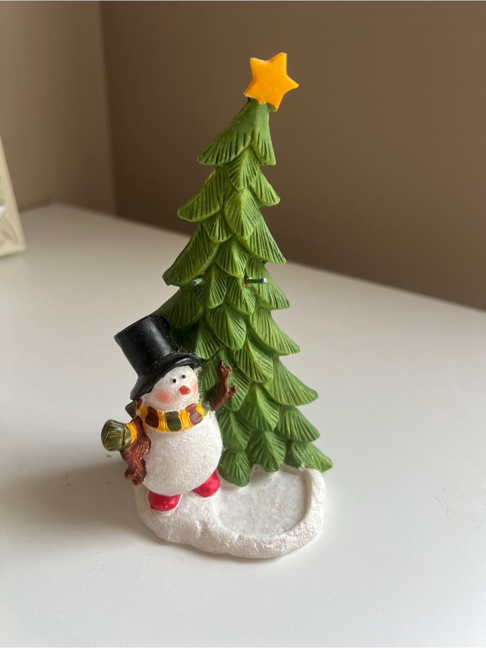 Festive Snowman & Christmas Tree Figurine - Green